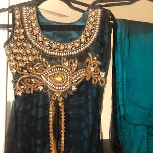 Teal and Black Anarkali Suit